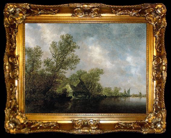 framed  Jan van Goyen River Landscape with Ferry and cottages, ta009-2